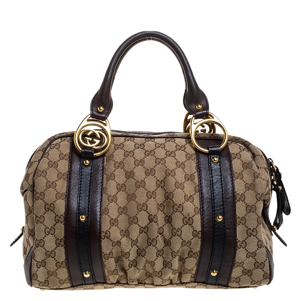 Gucci Beige/Brown GG Canvas and Leather Boston Bag